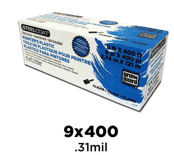 9' X 400' 0.31mil High Density Painter's Poly film  Clear, lightweight, super tape adhesion  For use as an overspray shield, paint drape, or multi-purpose cover