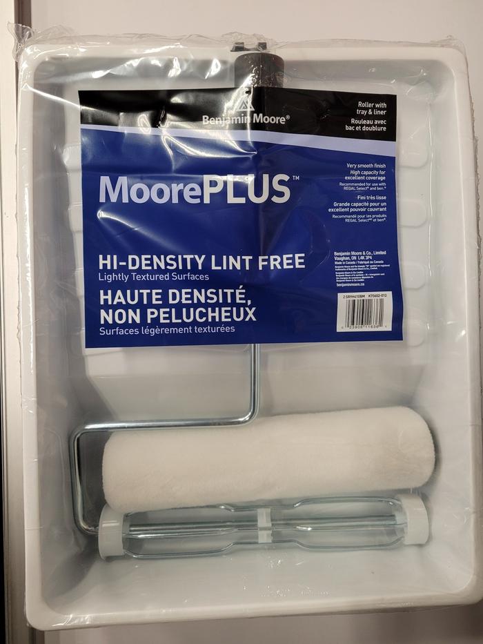 MoorePLUS Lint Free 240mm (9.5") Cage Frame w/ Large Tray & Liner   This kit contains: 1 tray, 1 liner, 1 cage frame (9.5" Roller) & 1 lint free roller  Length - 240mm (9.5")  Nap - 10mm  Semi-Smooth Finish  MoorePLUS™ rollers are made with a high density lint free fabric providing smooth finishes and excellent coverage. Recommended for use with Regal® Select, ben®, and other Benjamin Moore® premium coatings