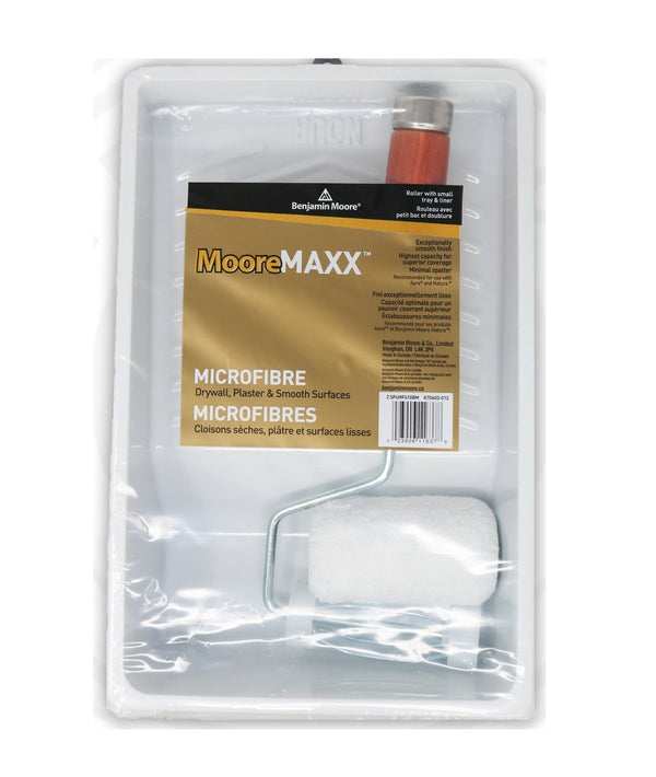  MooreMAXX Microfibre 100mm (4") Cage Frame w/ Small Tray & Liner   This kit contains: 1 tray, 1 liner, 1 cage frame(4" Roller) & 1 microfiber roller  Length - 100mm (4")  Nap - 10mm  Semi-Smooth Finish     MooreMAXX™ rollers are all premium Microfiber, offering the highest capacity and superior coverage with minimal spatter. Recommended for use with Aura®, Regal® Select, and Benjamin Moore Natura™ paint.