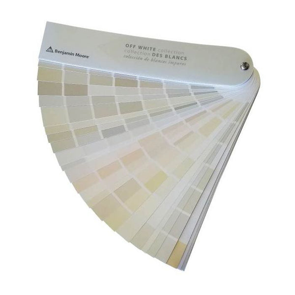 Benjamin Moore Off White Collection Fan Deck. With the help of this indispensable color tool, you can create color combinations the way interior designers do. Unlike a color wheel, a fan deck consists of easy-to-view strips arranged by a color family featuring various shades and intensities of the same hue. You'll find yourself using this time-saving color matching tool again and again; not only for coordinating paint colors but for choosing colors for fabrics, furnishings and accessories.