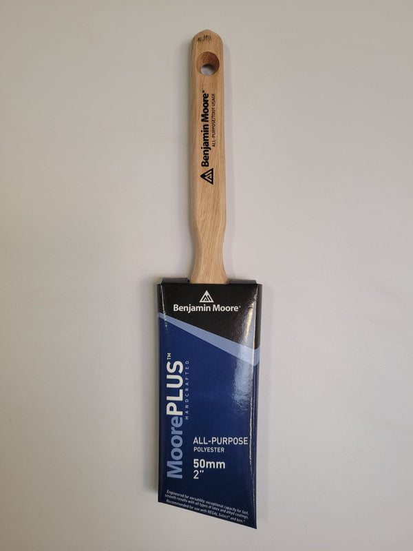 MoorePLUS 2" All-Purpose Angle Sash Brush     MoorePlus™ is a full line of premium applicators designed to be versatile and suited for a wide range of uses. All the brushes are handcrafted with polyester nylon filaments and engineered for exceptional capacity and speed. Recommended for use with Regal® Select, ben ® , and other Benjamin Moore ® premium coatings.