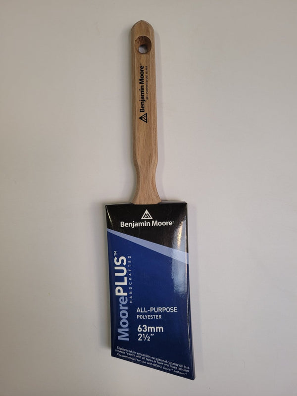 MoorePLUS 2 ½" All-Purpose Angle Sash Brush     MoorePlus™ is a full line of premium applicators designed to be versatile and suited for a wide range of uses. All the brushes are handcrafted with polyester nylon filaments and engineered for exceptional capacity and speed. Recommended for use with Regal® Select, ben ® , and other Benjamin Moore ® premium coatings.