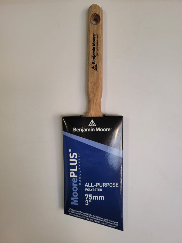 MoorePLUS 3" Brush All-Purpose Angle Sash Brush     MoorePlus™ is a full line of premium applicators designed to be versatile and suited for a wide range of uses. All the brushes are handcrafted with polyester nylon filaments and engineered for exceptional capacity and speed. Recommended for use with Regal® Select, ben ® , and other Benjamin Moore ® premium coatings.