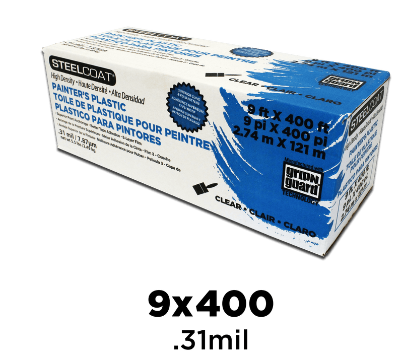 9' X 400' 0.31mil High Density Painter's Poly film  Clear, lightweight, super tape adhesion  For use as an overspray shield, paint drape, or multi-purpose cover